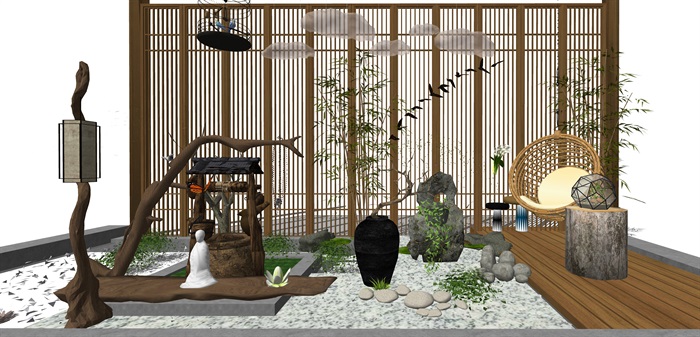 新中式 禅意 景观小品 屏风 石头 庭院小品su模型