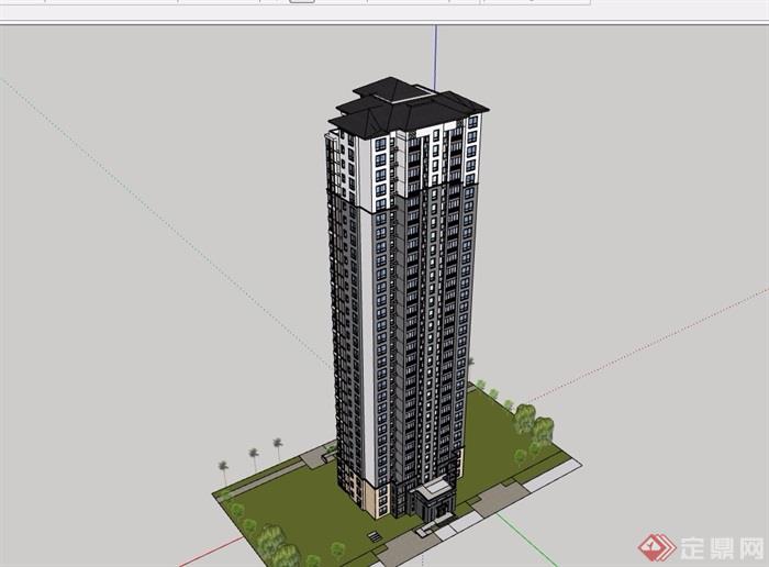 中式详细完整的高层住宅楼su模型