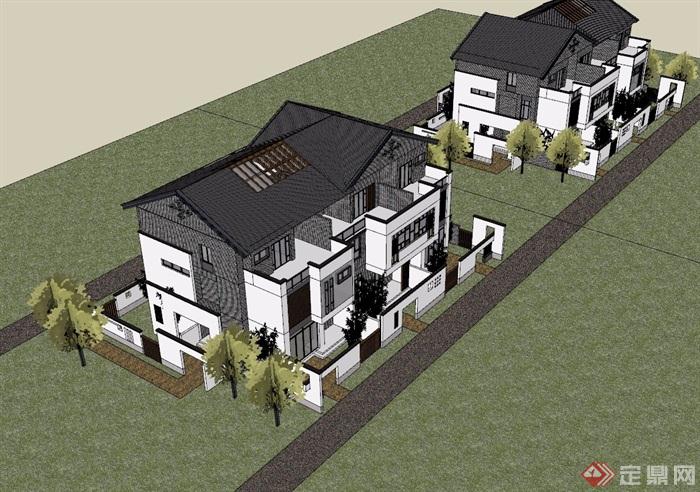 中式整体详细完整的住宅别墅建筑su模型