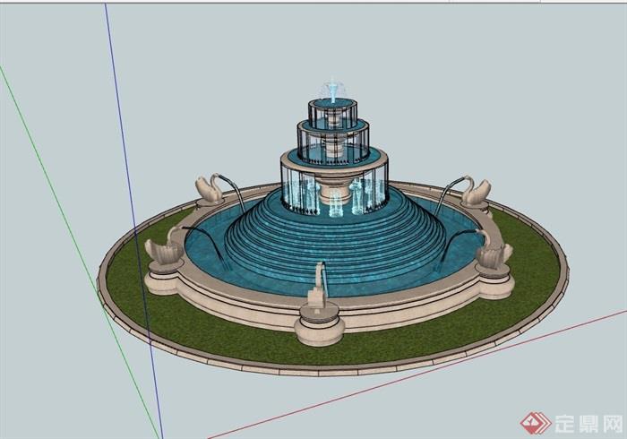详细的欧式风格喷泉水池设计su模型