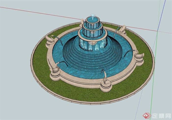 详细的欧式风格喷泉水池设计su模型