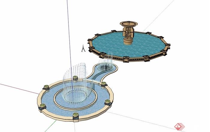 两个详细的完整喷泉水池景观设计su模型