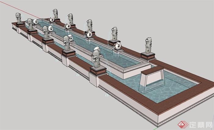 详细的完整喷泉水池景观设计su模型