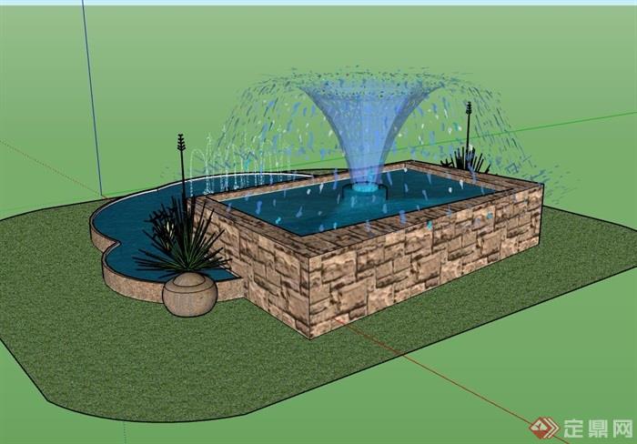 详细的独特喷泉水池景观设计su模型