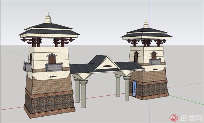 小区大门门卫室门廊彝族特色大门详细完整设计su模型,模型为中式风格
