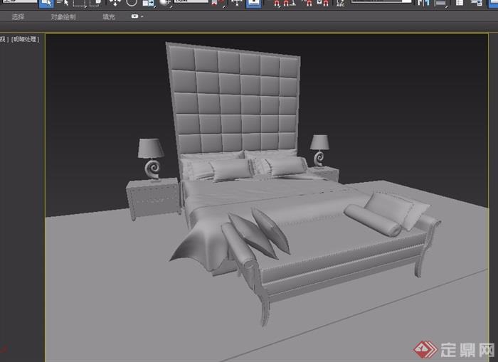 中式室内卧室床柜,台灯素材设计3d模型