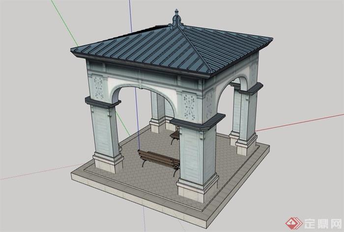 欧式风格详细的景观亭子su模型及效果图