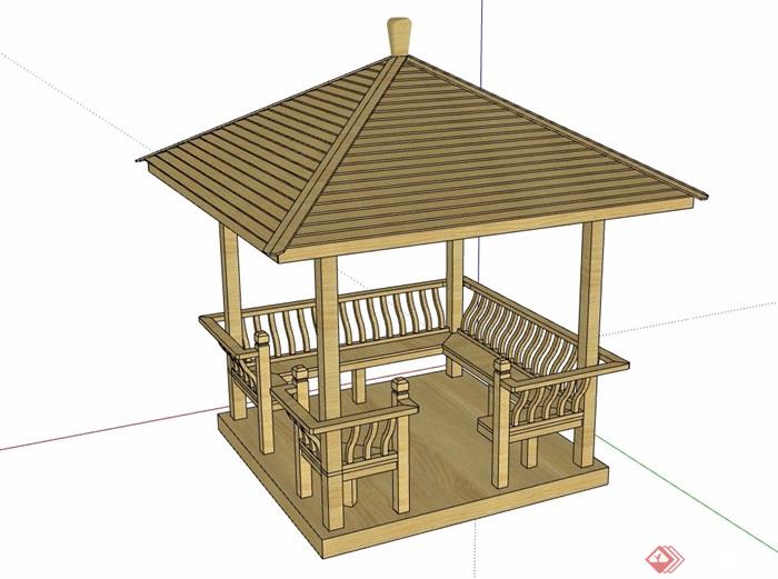 中式风格详细的木质亭子su模型及效果图