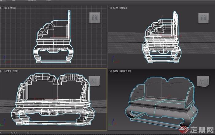 剔红荷花宝座双人椅素材设计3d模型及效果图