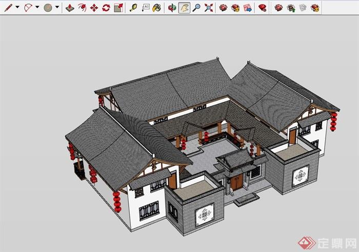 四合院古典中式风格别墅设计su模型