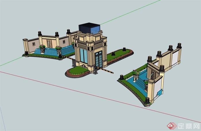 某详细的欧式风格小区住宅完整大门设计su模型