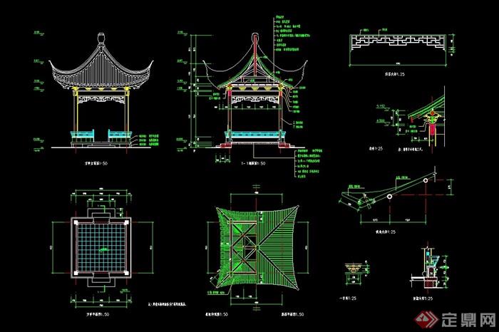 古典中式风格四角亭子素材cad施工图,图纸包含了详细的材料及尺寸标注