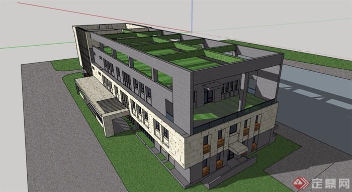 三层现代风格详细的办公楼建筑设计su模型