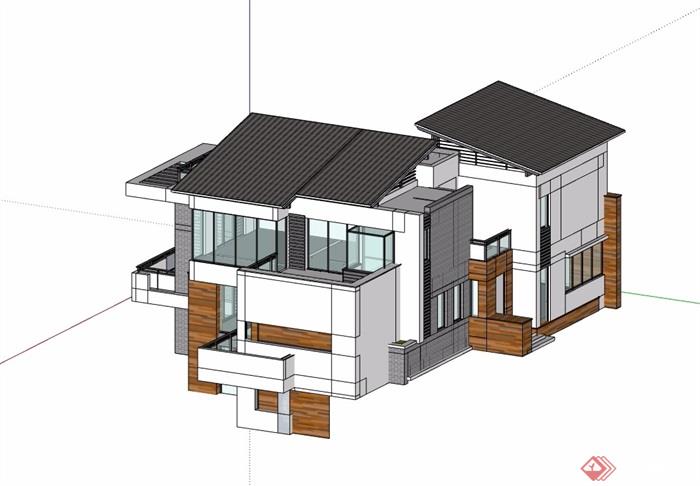 一个现代中式别墅建筑设计su模型