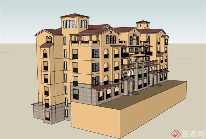 西班牙风格详细多层居住楼建筑设计su模型