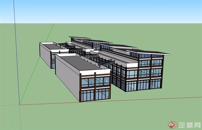 中式风格详细的商业中心三层建筑设计su模型