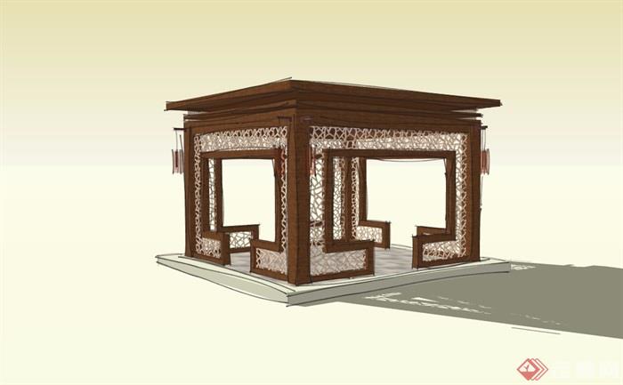 中式风格平顶亭子素材设计su模型