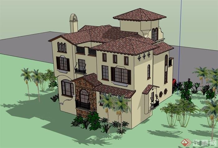 西班牙风格详细的多层独栋别墅设计su模型
