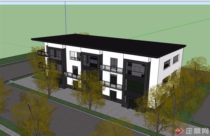 现代三层办公楼建筑su模型