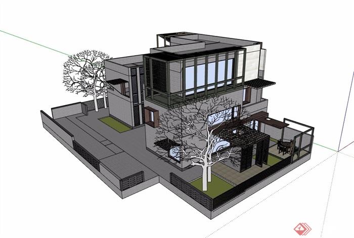 现代风格详细的完整三层别墅设计su模型