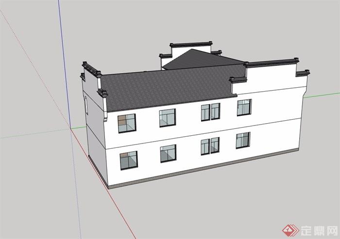 徽派中式风格两层办公楼设计su模型