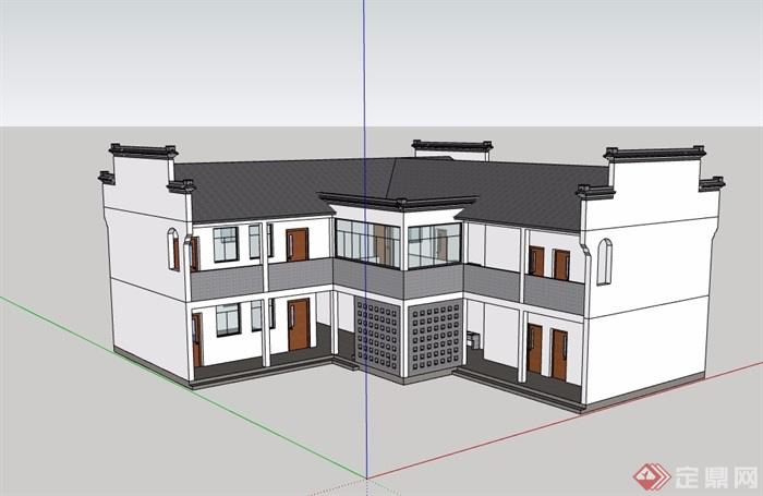 徽派中式风格两层办公楼设计su模型