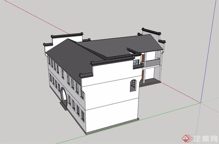 徽派中式风格两层办公楼设计su模型