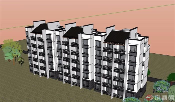 新中式住宅多层建筑楼设计su模型