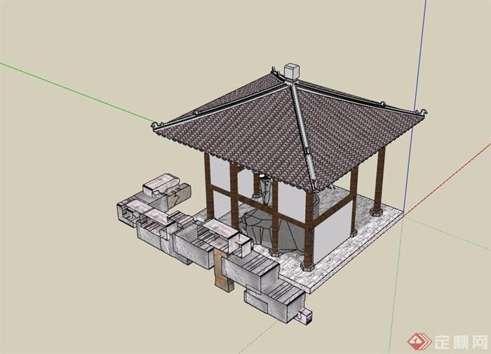 中式详细的四角亭子设计su模型