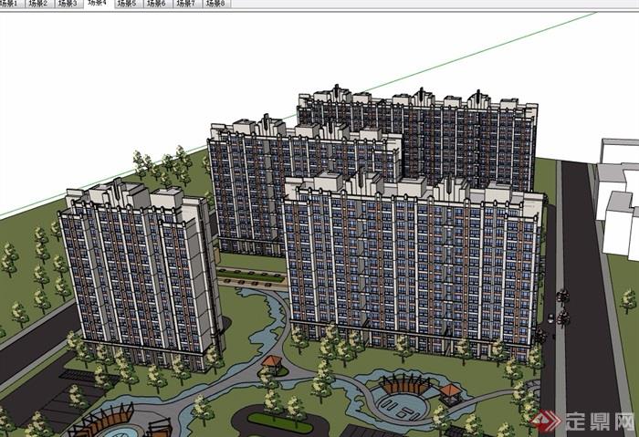 某现代详细的住宅多层建筑设计su模型