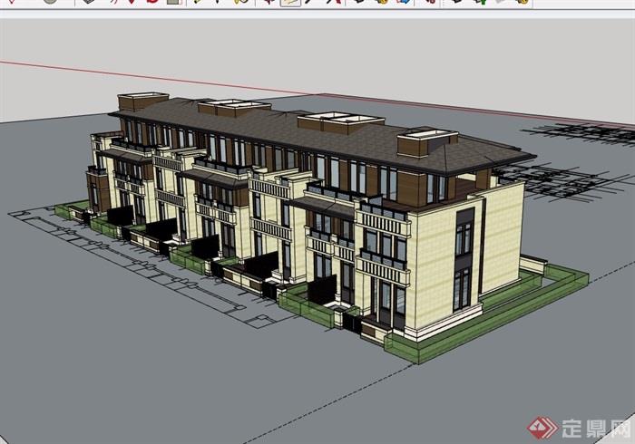 新古典风格联排详细别墅建筑楼设计su模型