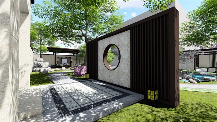 新中式别墅庭院景观设计1su模型素材[原创]