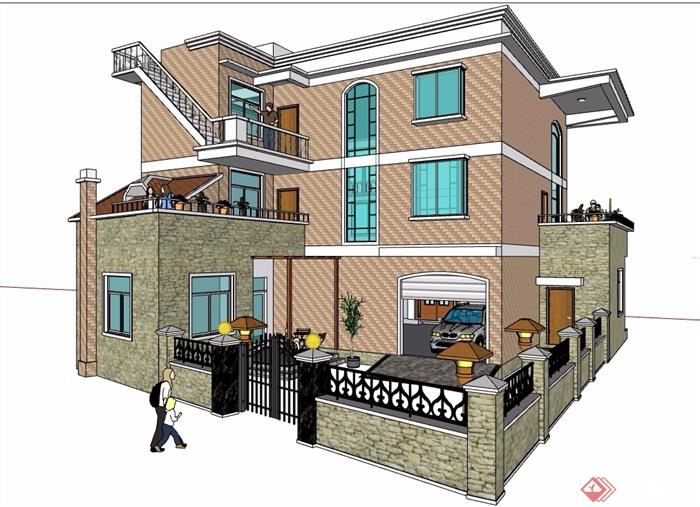 三层详细的住宅完整别墅建筑设计su模型