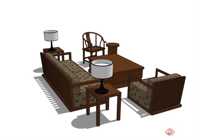 中式客厅沙发茶几素材组合设计su模型