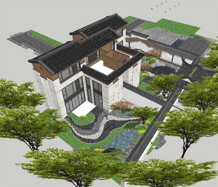 中式独栋合院别墅豪宅建筑与景观方案模型[原创]