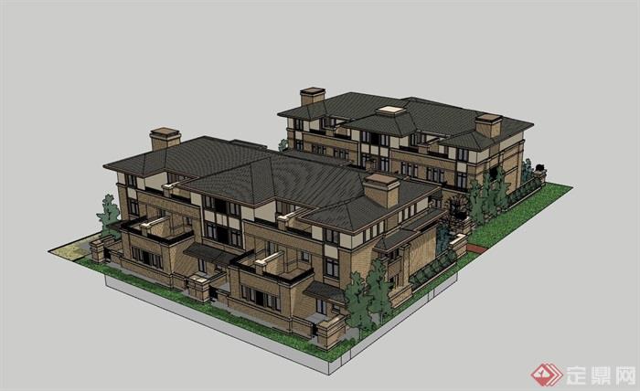 经典的完整欧式别墅建筑设计su模型