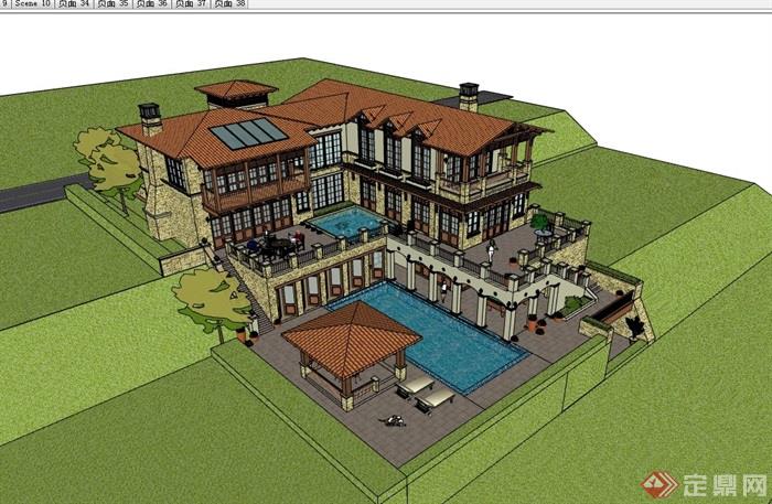 详细的山地别墅完整建筑su模型
