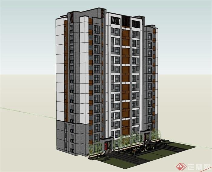 中式小区高层住宅楼建筑设计su模型