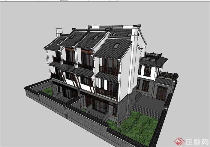 古典中式风格双拼别墅建筑su模型