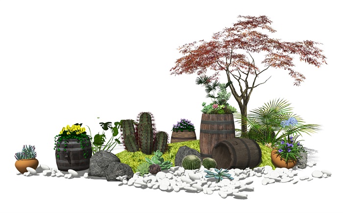 新中式庭院景观 景观小品 花盆花箱 植物 盆栽 石头su