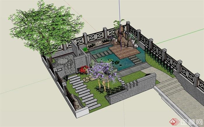 完整的详细独特中式别墅后庭院设计su模型