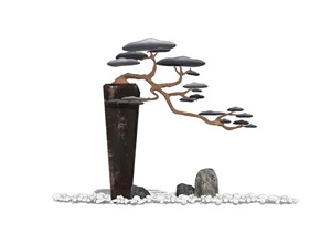 新中式景观小品 盆栽 松树雕塑 石头 铁艺花盆 植物组合SU(草图大师)模型