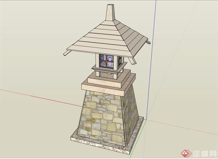 中式详细的灯塔素材设计su模型