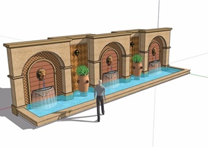 简欧风格详细的景观水池景墙SU(草图大师)模型