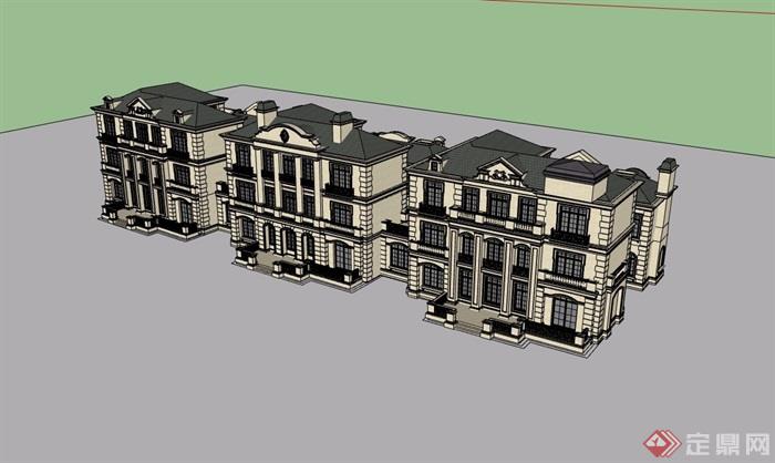 美式风格详细的三层住宅别墅设计su模型