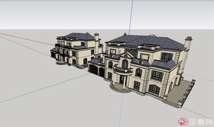 某三层详细的美式住宅别墅设计su模型