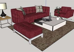 棕红色沙发茶几组合家具素材SU(草图大师)模型