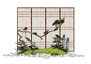 新中式景观小品 隔断 屏风 枯枝 树干 石灯 拴马桩 植物鹅卵石组合SU(草图大师)模型