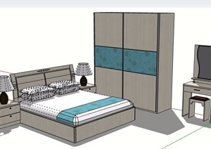 现代简约卧室空间床及床头柜、衣柜组合家具SU(草图大师)模型