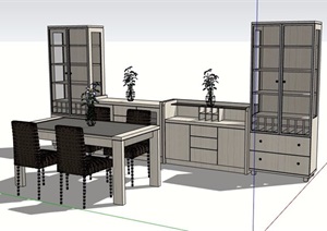 现代简约餐厅餐桌椅及餐边柜组合SU(草图大师)模型